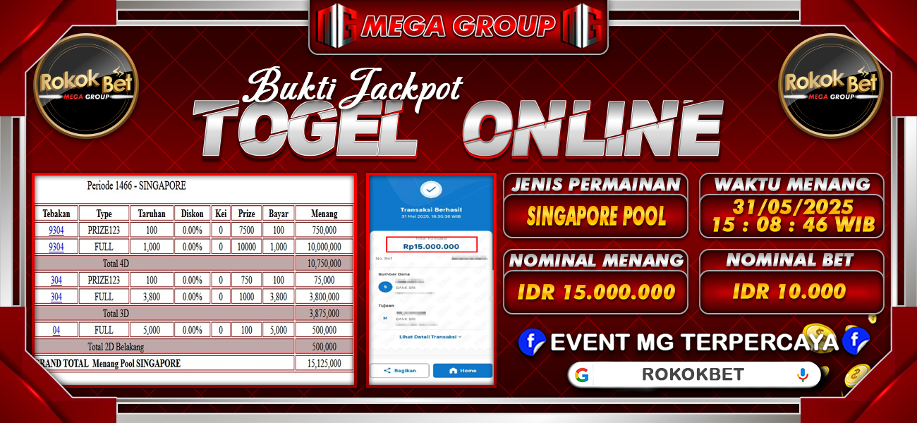 Bukti JP situs Rokokbet hari Sabtu, 31 Mei 2025