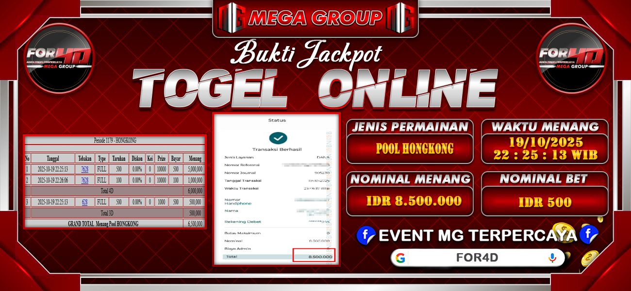 Bukti JP situs For4D hari Senin, 20 Oktober 2025