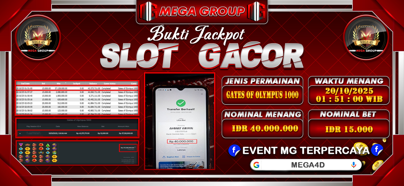 Bukti JP situs Mega4D hari Senin, 20 Oktober 2025