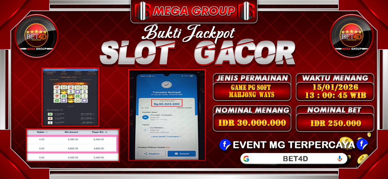 Bukti JP situs Bet4D hari Kamis, 15 Januari 2026