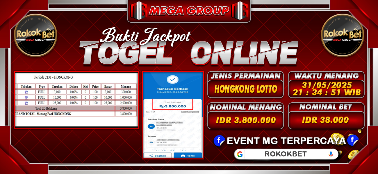 Bukti JP situs Rokokbet hari Minggu, 01 Juni 2025